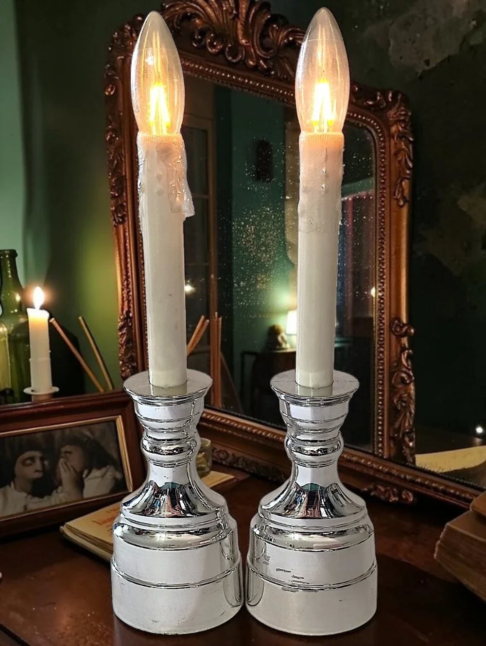2 Vintage Bethlehem Lights Candles Battery Operated Taper Timer Silver Tone